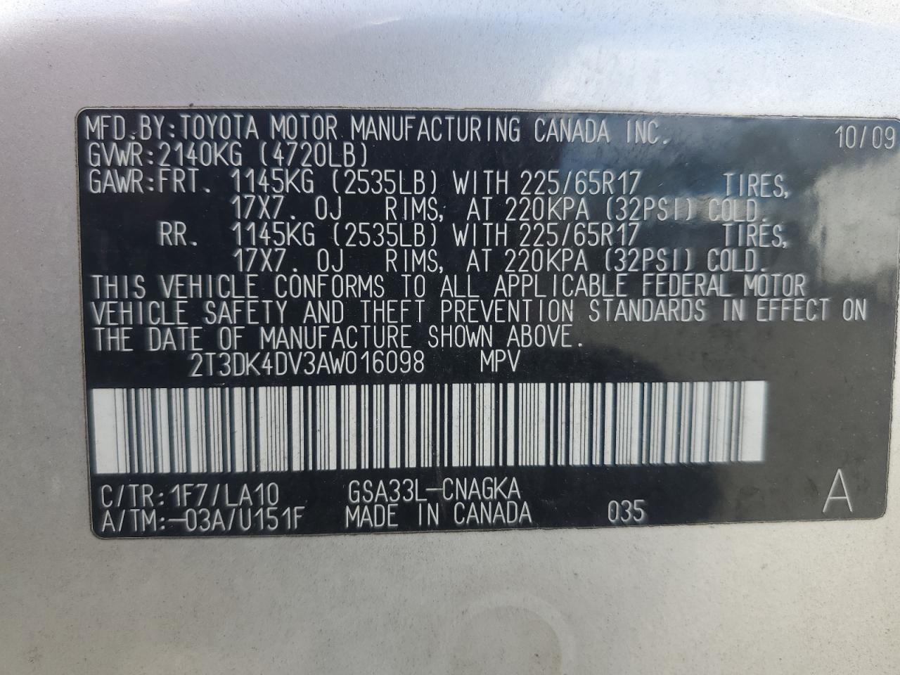 2010 Toyota Rav4 Limited VIN: 2T3DK4DV3AW016098 Lot: 74282724