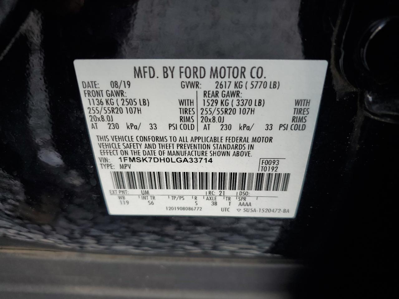 2020 Ford Explorer Xlt VIN: 1FMSK7DH0LGA33714 Lot: 75124354