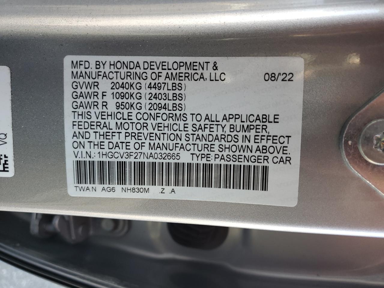 1HGCV3F27NA032665 2022 Honda Accord Hybrid Sport