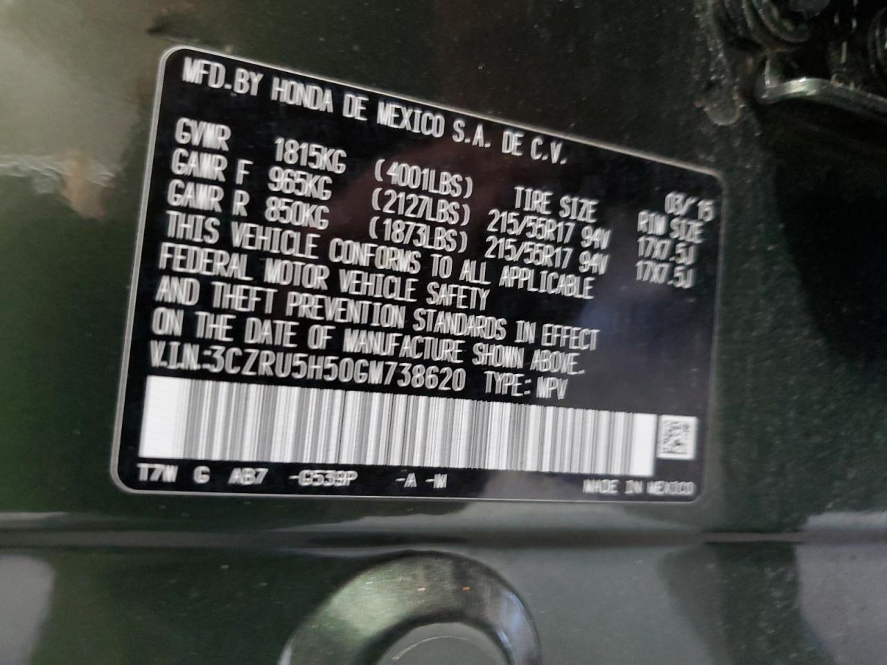 2016 Honda Hr-V Ex VIN: 3CZRU5H50GM738620 Lot: 76341554