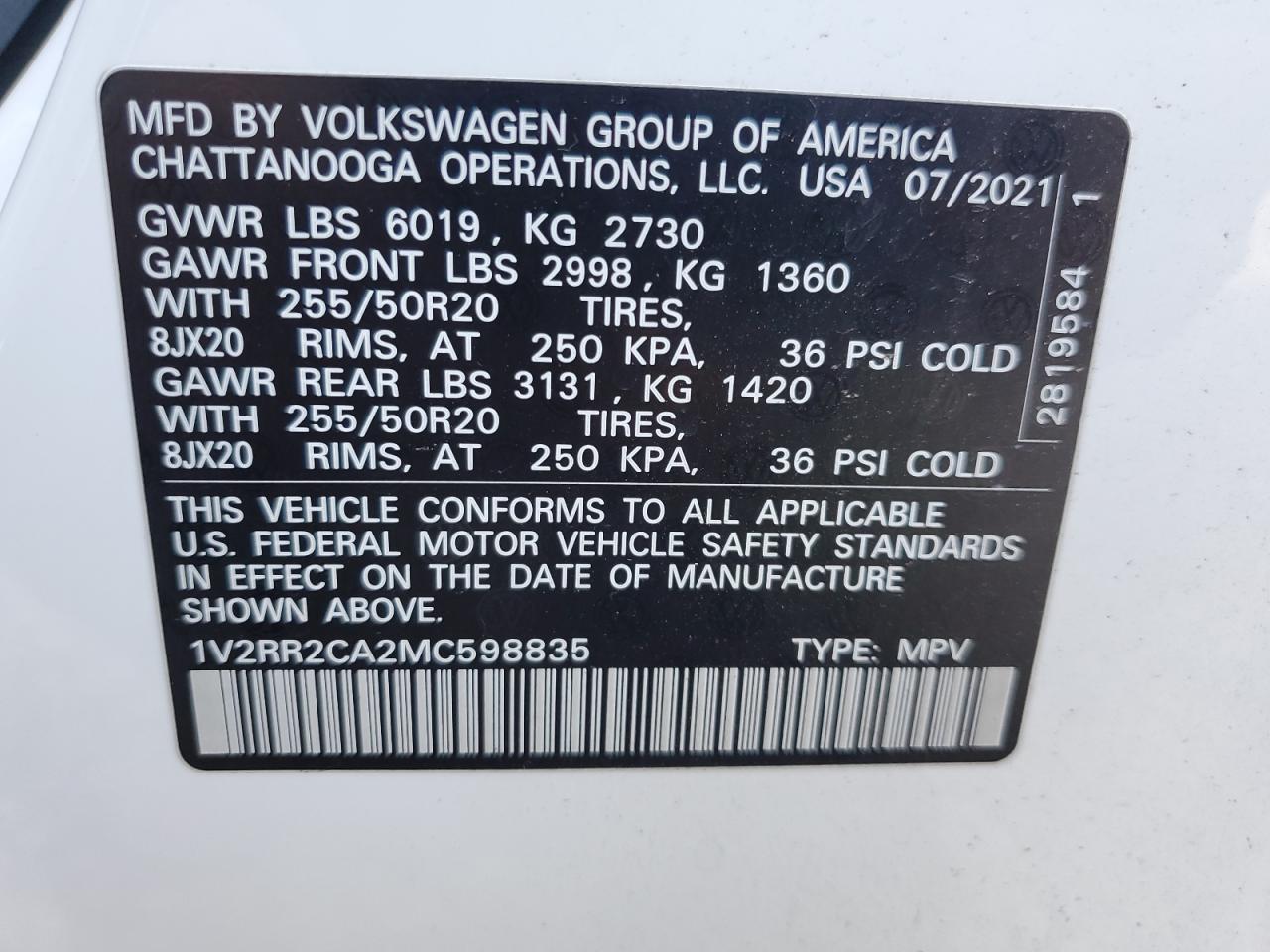 2021 Volkswagen Atlas Se VIN: 1V2RR2CA2MC598835 Lot: 75770634