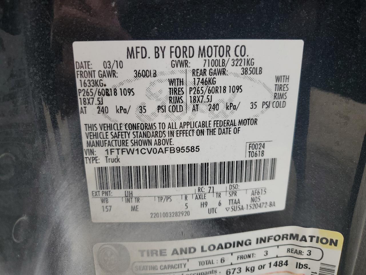 2010 Ford F150 Supercrew VIN: 1FTFW1CV0AFB95585 Lot: 76206204