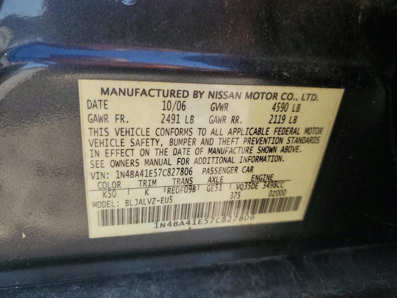 1N4BA41E57C827806 2007 Nissan Maxima Se