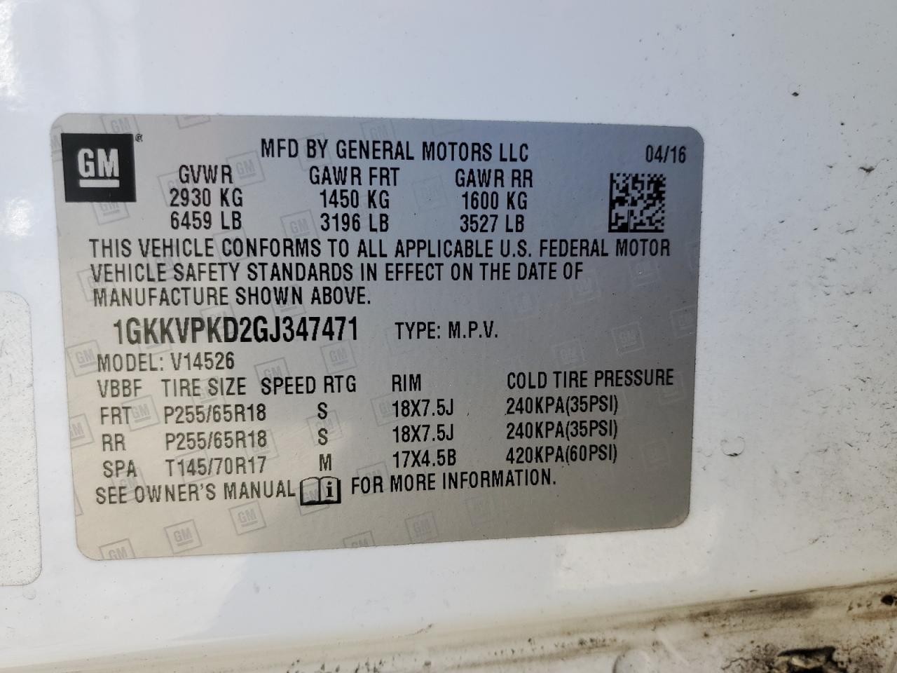 1GKKVPKD2GJ347471 2016 GMC Acadia Sle