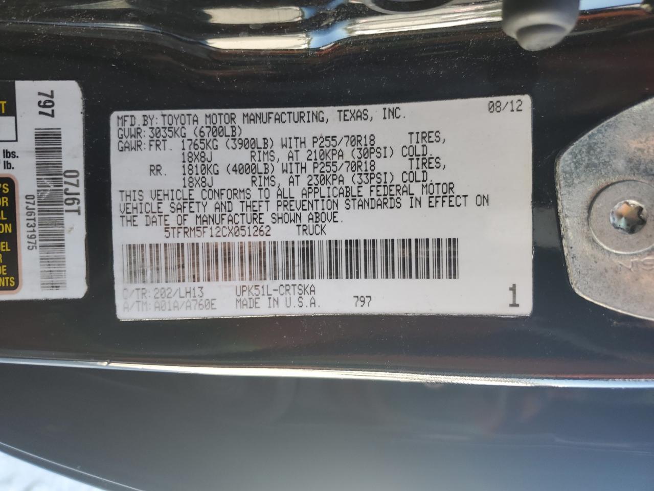 5TFRM5F12CX051262 2012 Toyota Tundra Double Cab Sr5