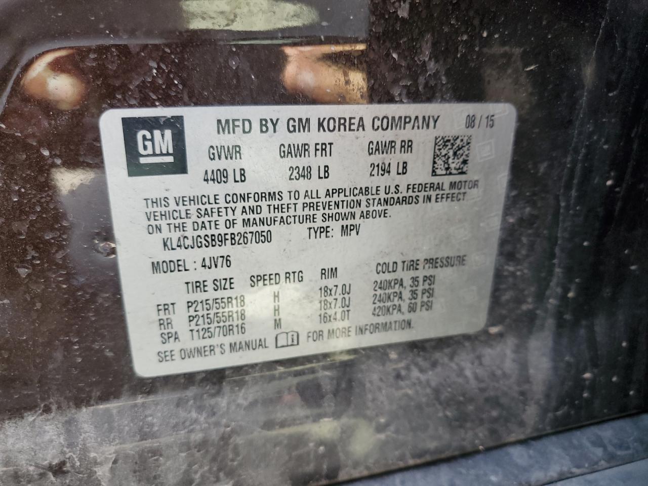 2015 Buick Encore VIN: KL4CJGSB9FB267050 Lot: 74170784