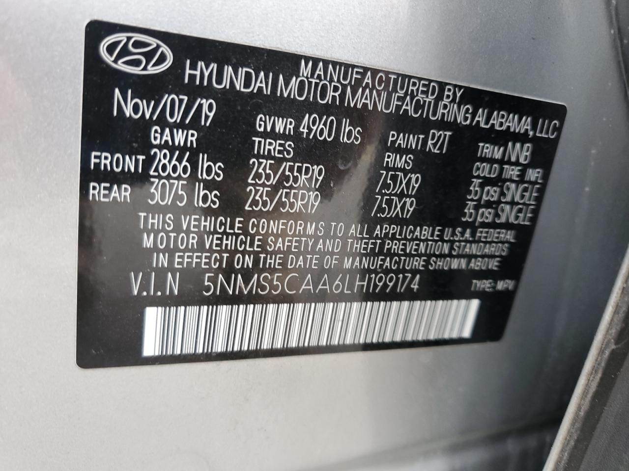 2020 Hyundai Santa Fe Limited VIN: 5NMS5CAA6LH199174 Lot: 76330504