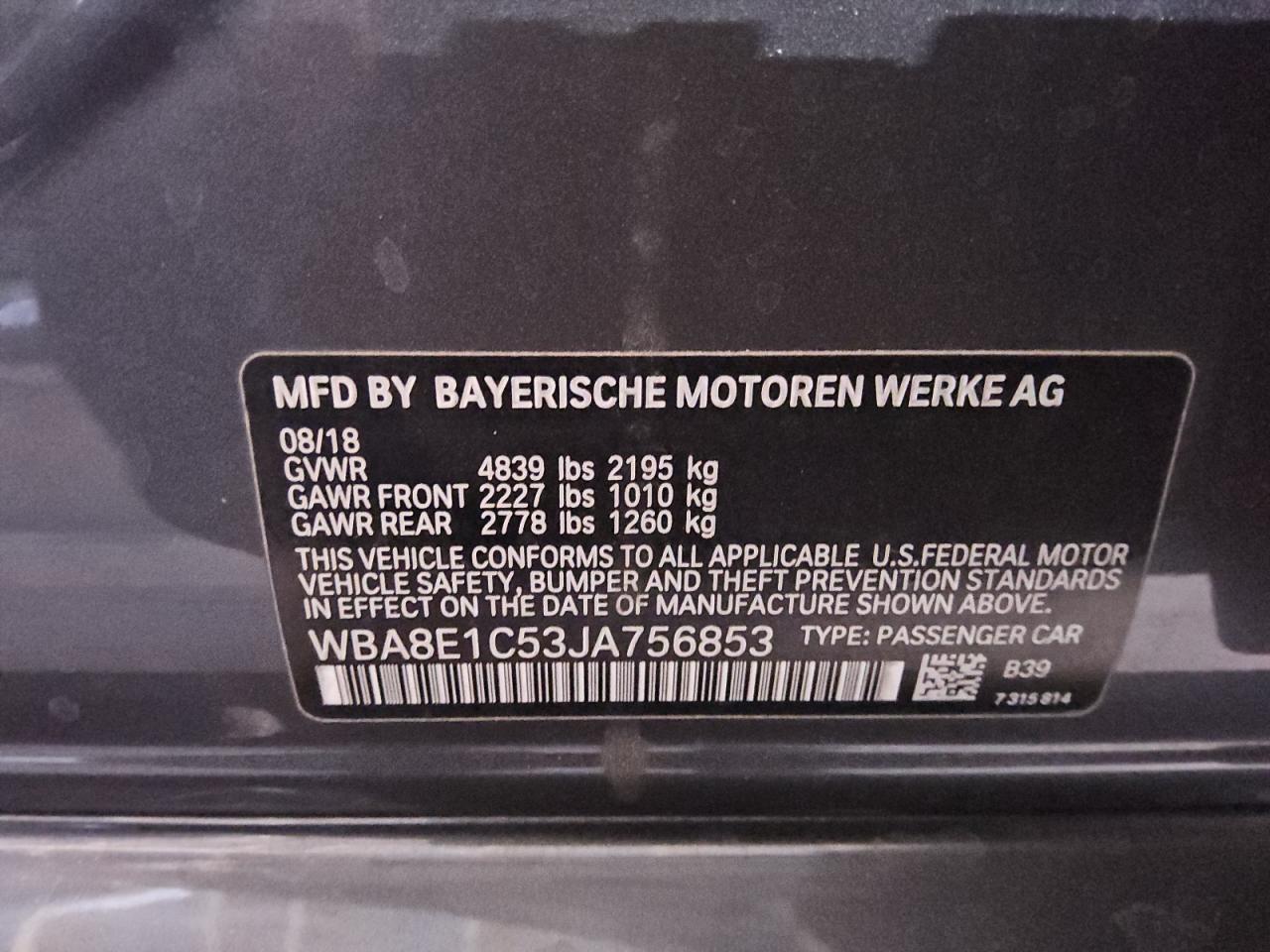 2018 BMW 330E VIN: WBA8E1C53JA756853 Lot: 74361634