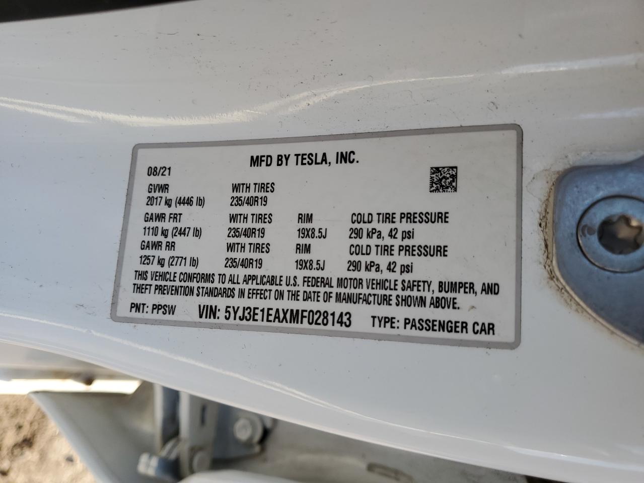 5YJ3E1EAXMF028143 2021 Tesla Model 3