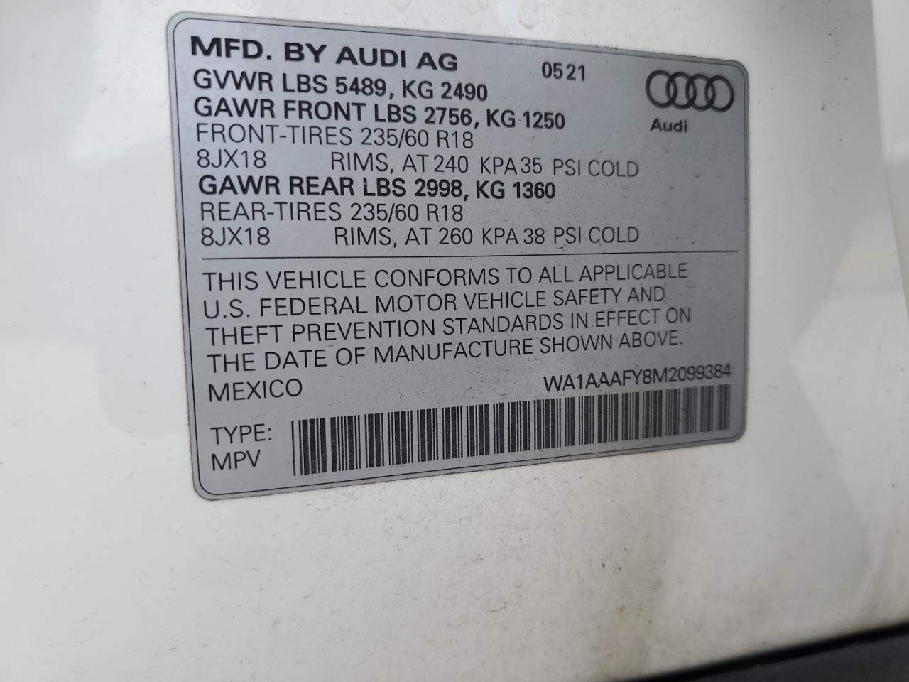 VIN WA1AAAFY8M2099384 2021 AUDI Q5 no.13