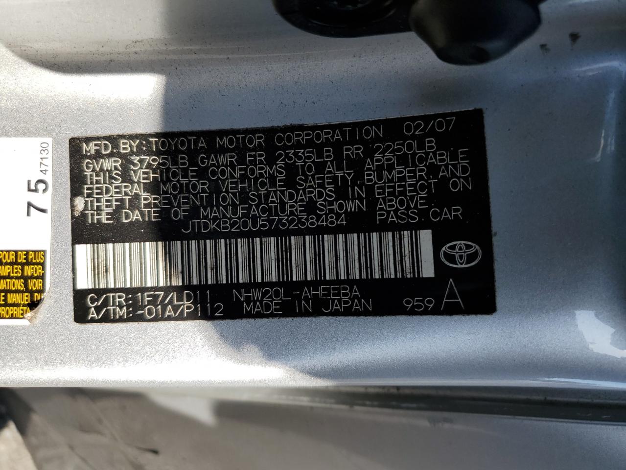 JTDKB20U573238484 2007 Toyota Prius