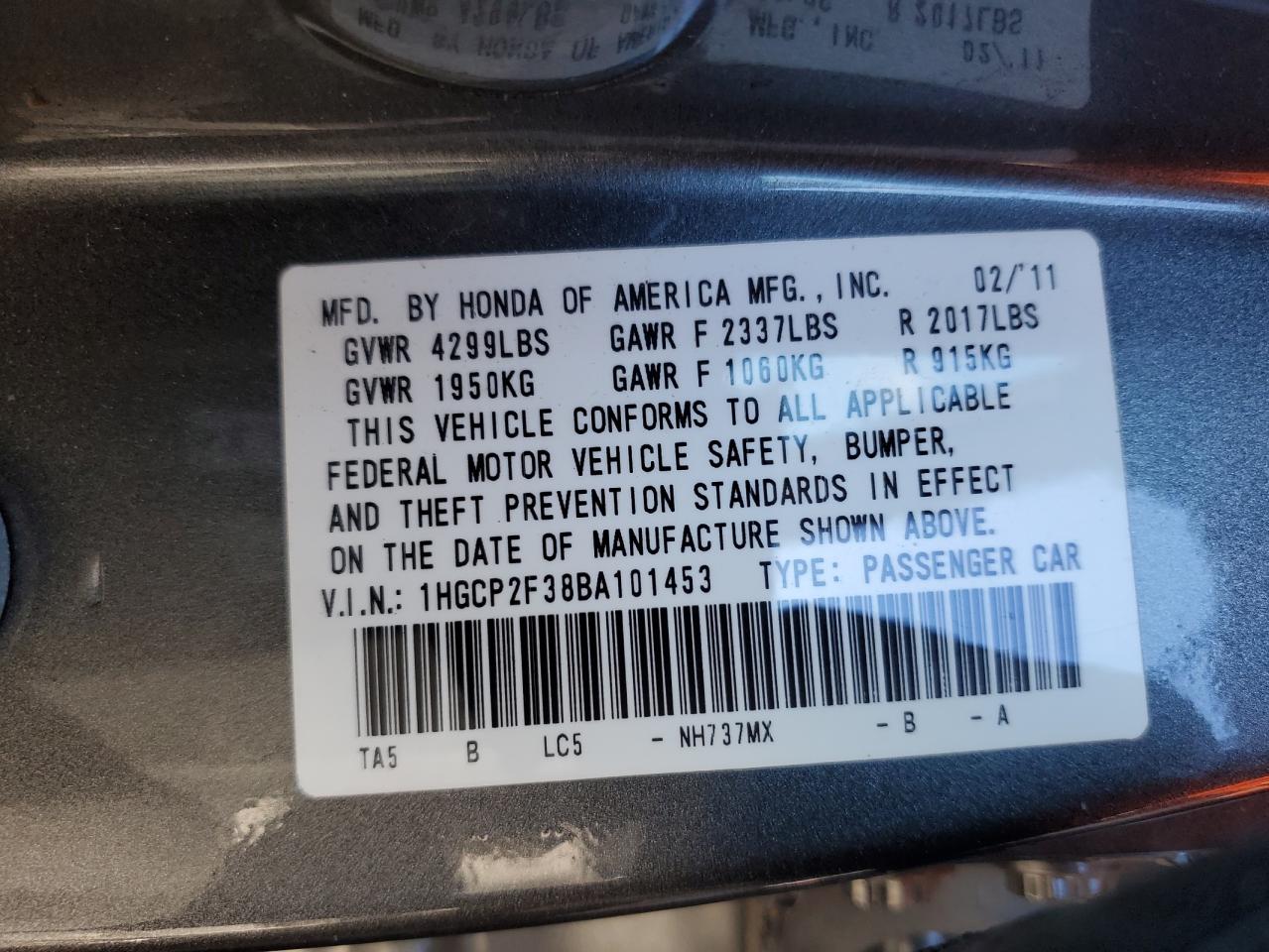 1HGCP2F38BA101453 2011 Honda Accord Lx