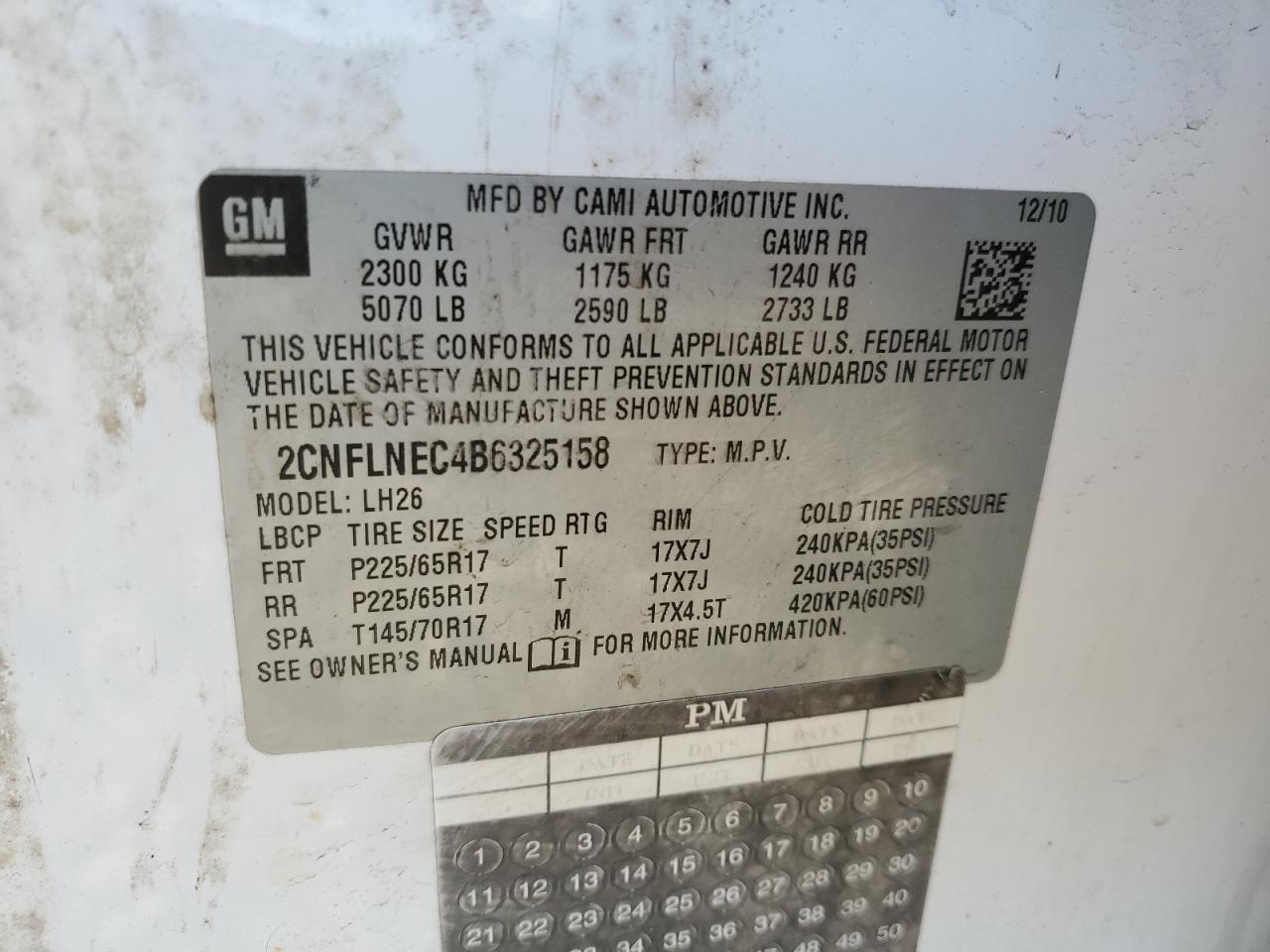 2CNFLNEC4B6325158 2011 Chevrolet Equinox Lt