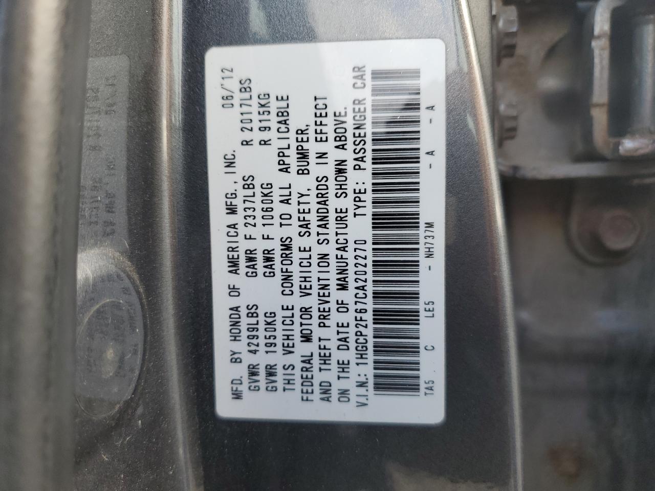 1HGCP2F67CA202270 2012 Honda Accord Se