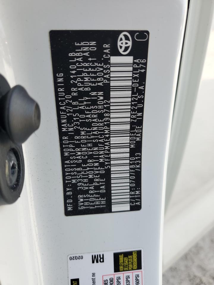 2021 Toyota Corolla Le VIN: 5YFEPMAE4MP198712 Lot: 77652014