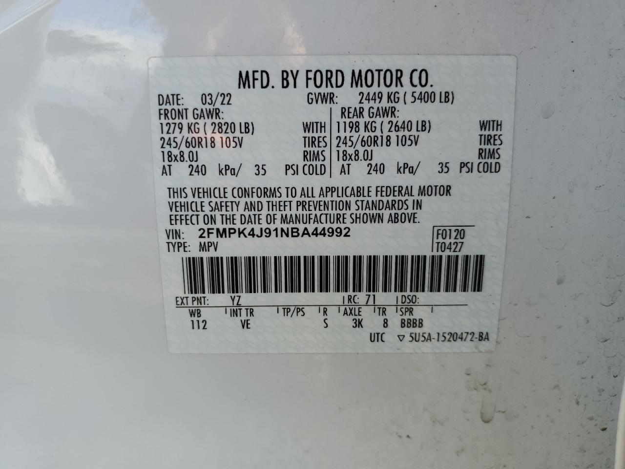 2FMPK4J91NBA44992 2022 Ford Edge Sel