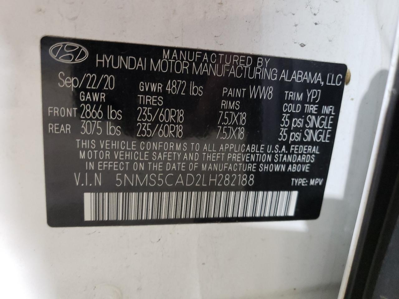 2020 Hyundai Santa Fe Limited VIN: 5NMS5CAD2LH282188 Lot: 74963724