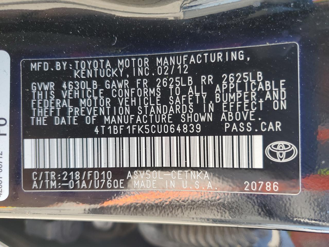 4T1BF1FK5CU064839 2012 Toyota Camry Base