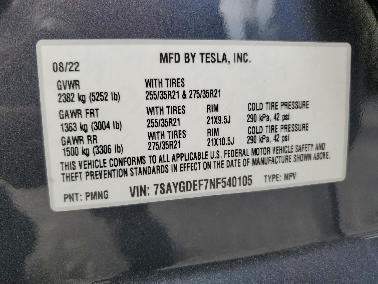 2022 Tesla Model Y VIN: 7SAYGDEF7NF540105 Lot: 75667464