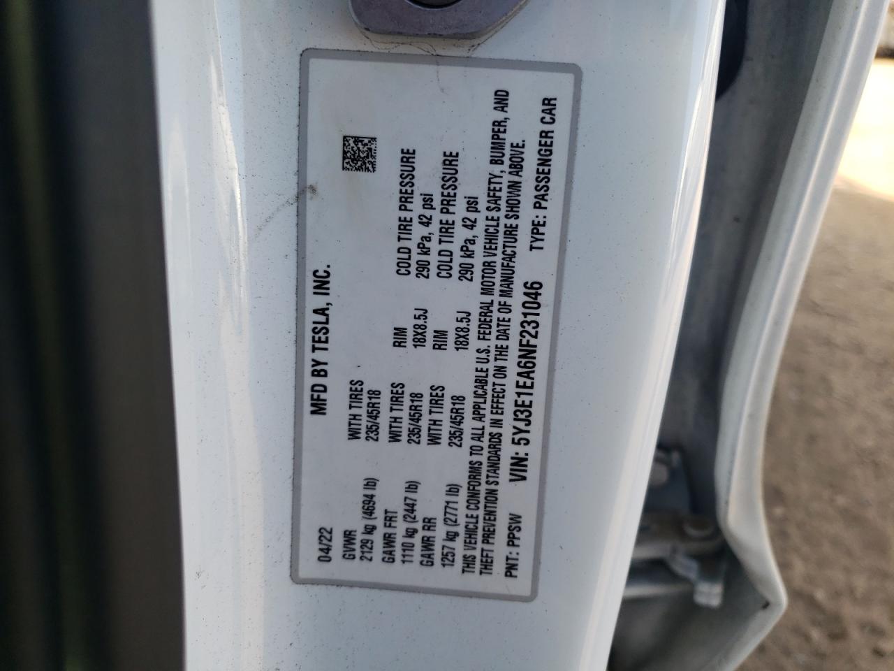 5YJ3E1EA6NF231046 2022 Tesla Model 3