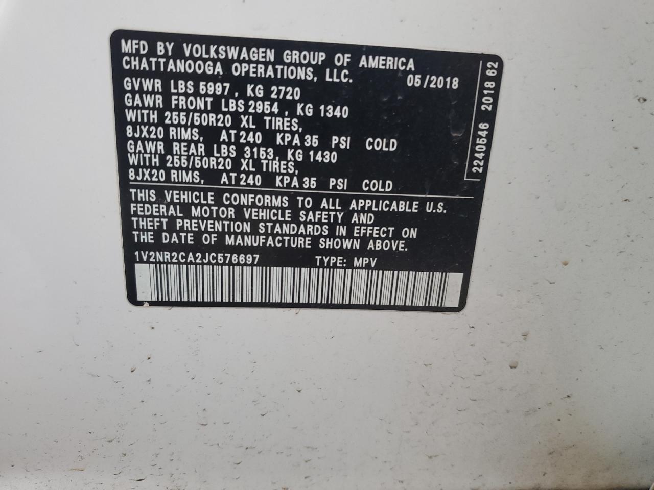 2018 Volkswagen Atlas Sel Premium VIN: 1V2NR2CA2JC576697 Lot: 60794965