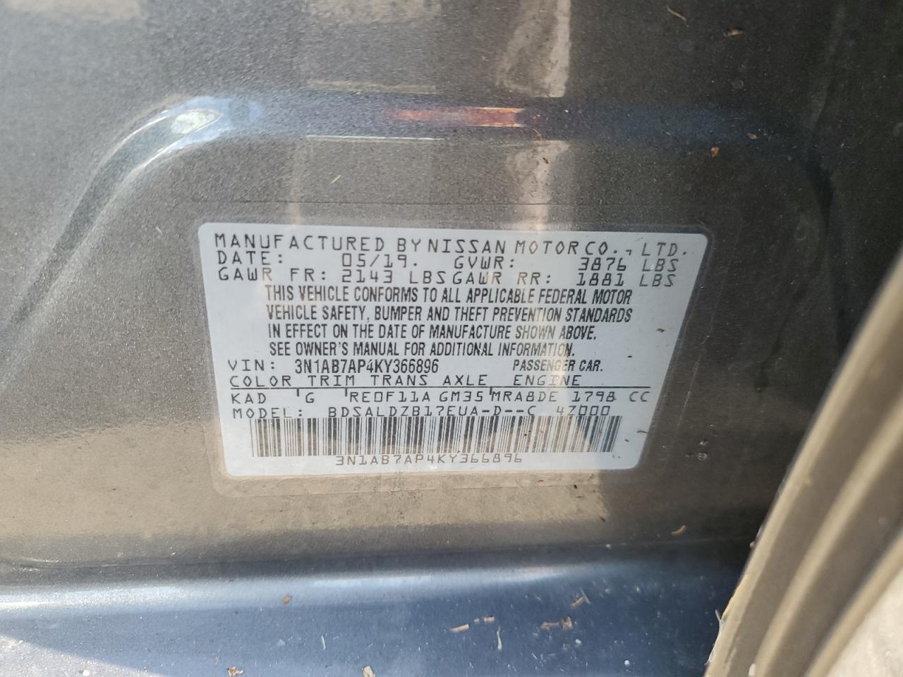 3N1AB7AP4KY366896 2019 Nissan Sentra S