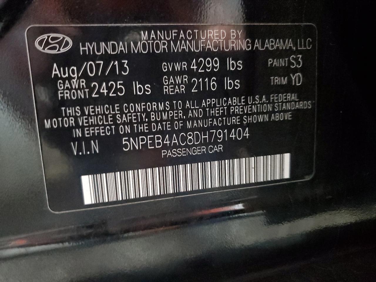 2013 Hyundai Sonata Gls VIN: 5NPEB4AC8DH791404 Lot: 76331654