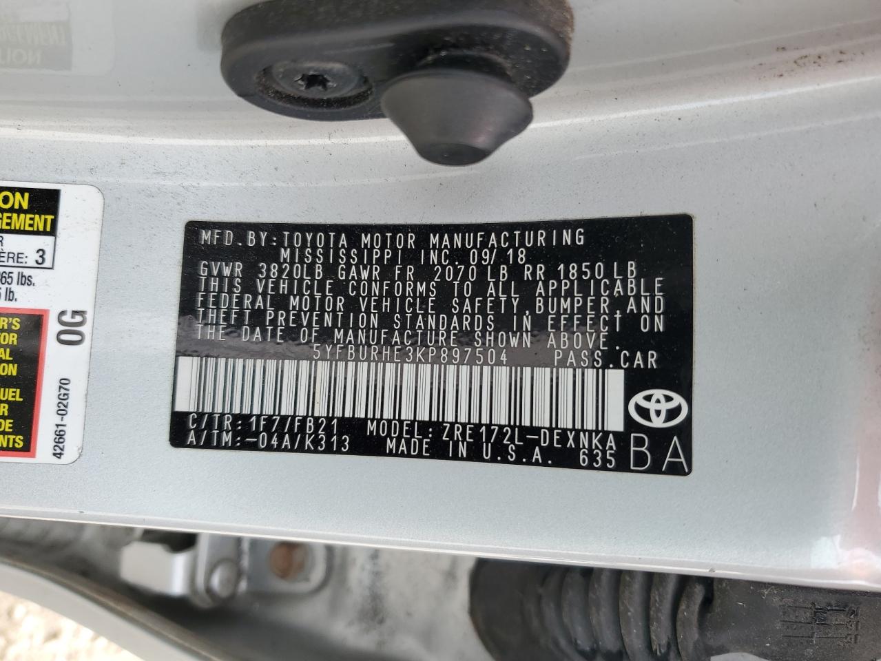 VIN 5YFBURHE3KP897504 2019 TOYOTA COROLLA no.13