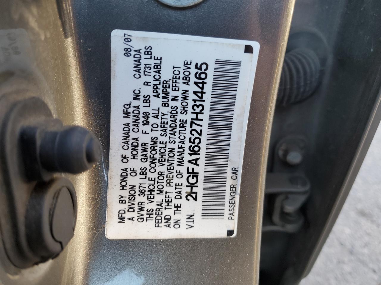 2HGFA16527H314465 2007 Honda Civic Lx