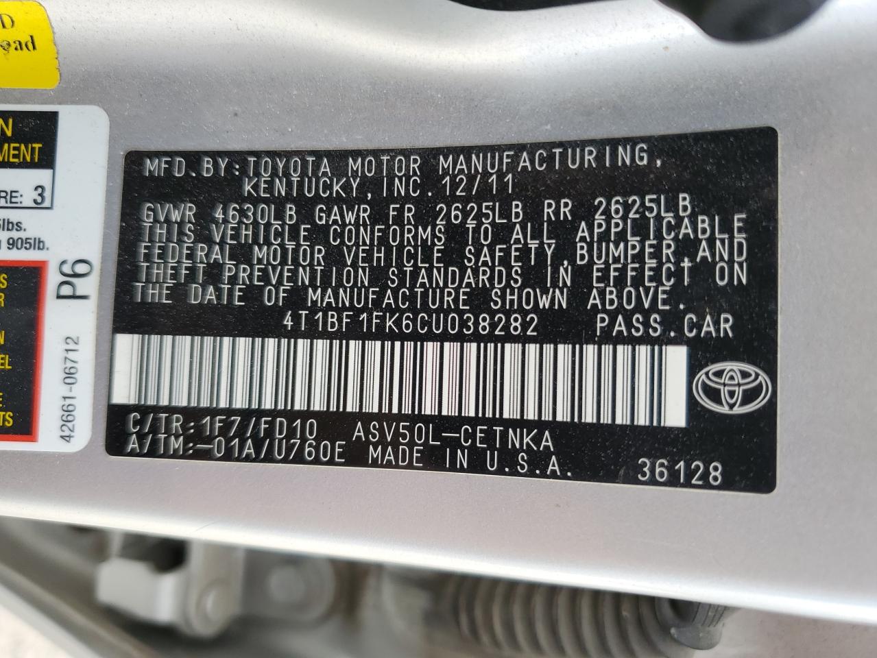 4T1BF1FK6CU038282 2012 Toyota Camry Base