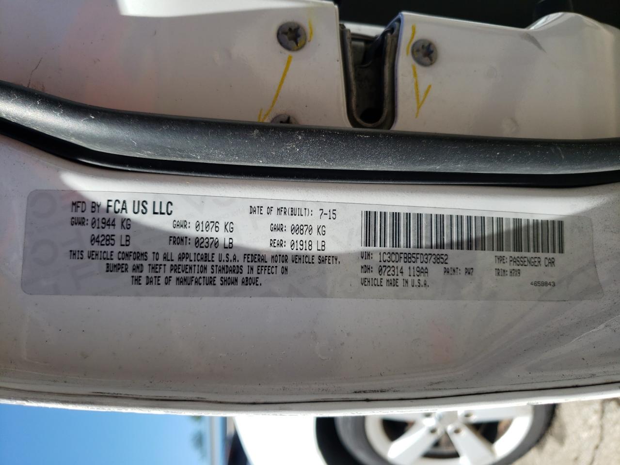 2015 Dodge Dart Sxt VIN: 1C3CDFBB5FD373852 Lot: 70462544