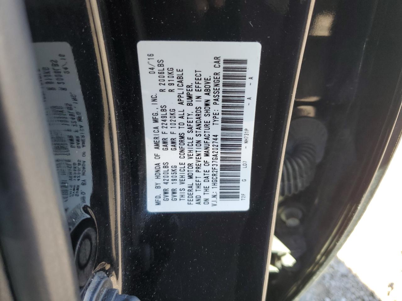 1HGCR2F37GA202744 2016 Honda Accord Lx