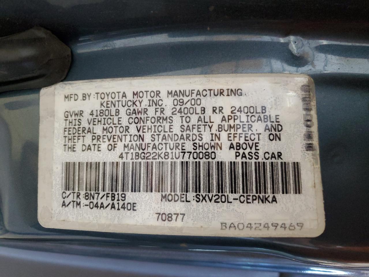 4T1BG22K81U770080 2001 Toyota Camry Ce