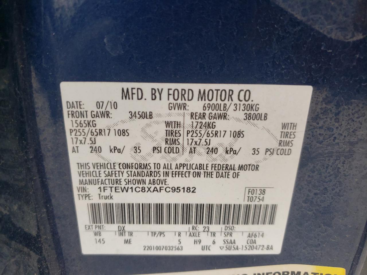 2010 Ford F150 Supercrew VIN: 1FTEW1C8XAFC95182 Lot: 77735194