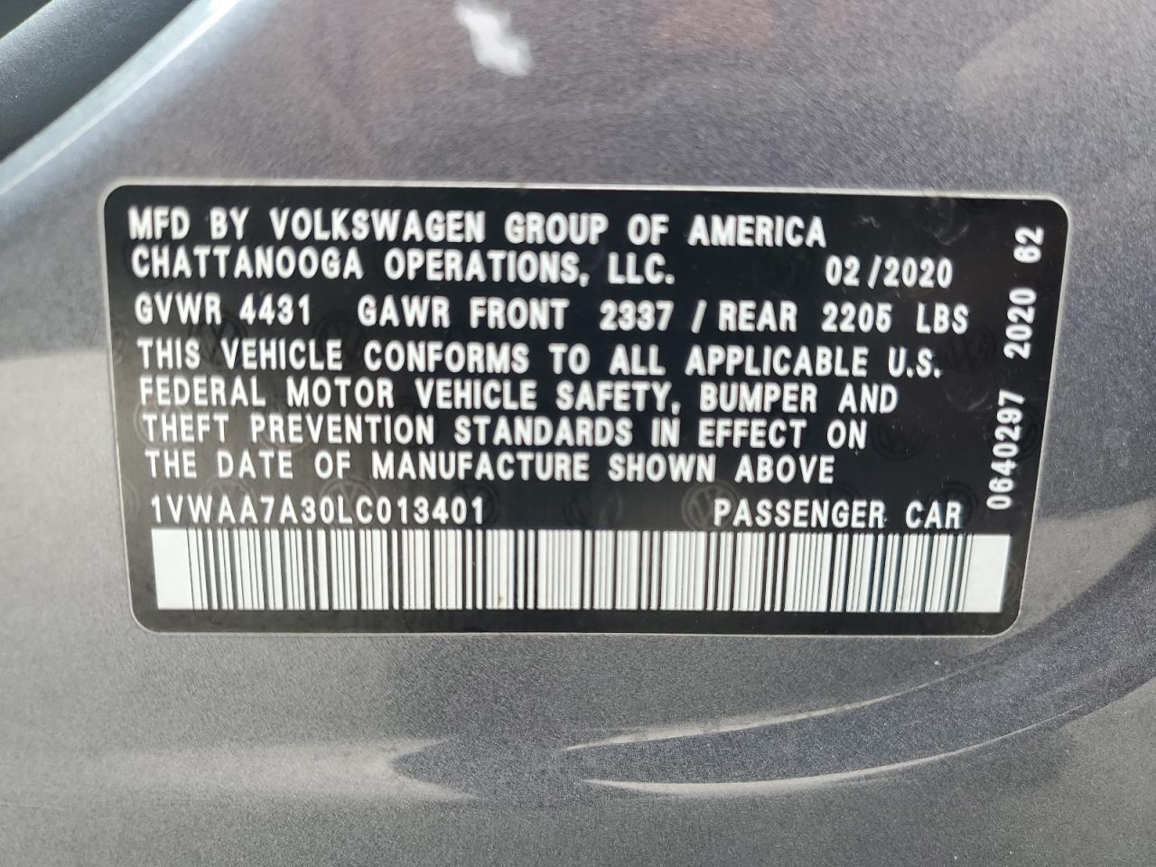 1VWAA7A30LC013401 2020 Volkswagen Passat S