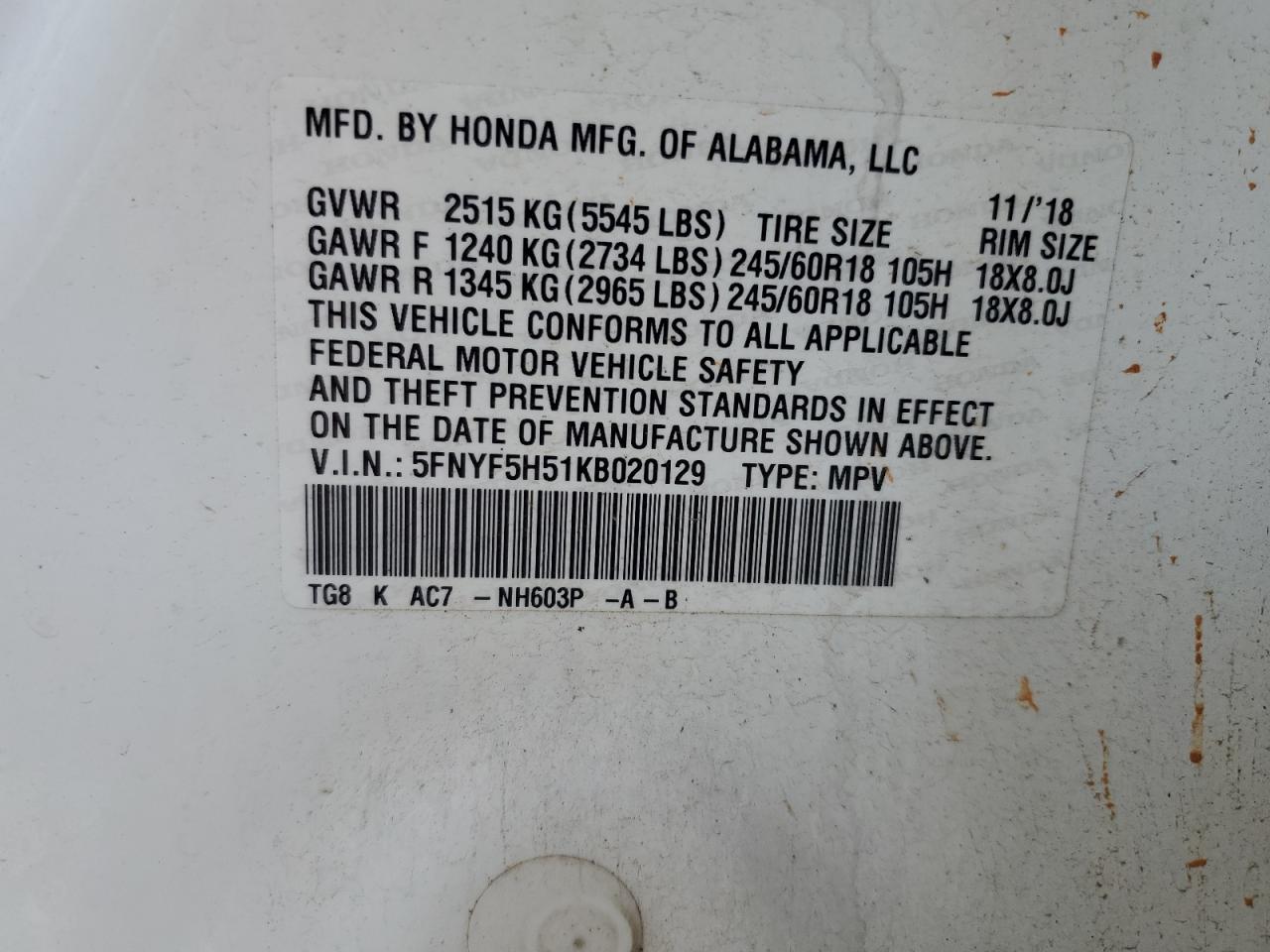 5FNYF5H51KB020129 2019 Honda Pilot Exl