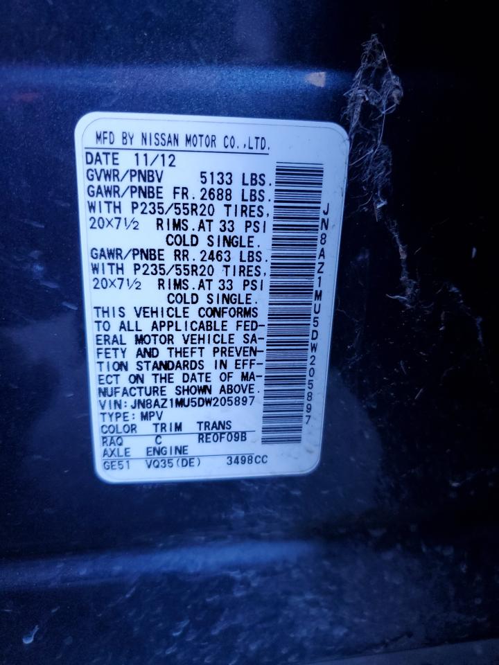 2013 Nissan Murano S VIN: JN8AZ1MU5DW205897 Lot: 78062184