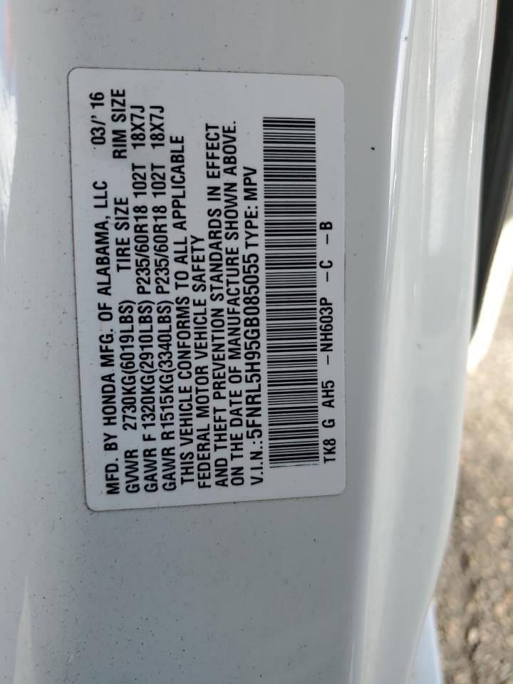 5FNRL5H95GB085055 2016 Honda Odyssey Touring