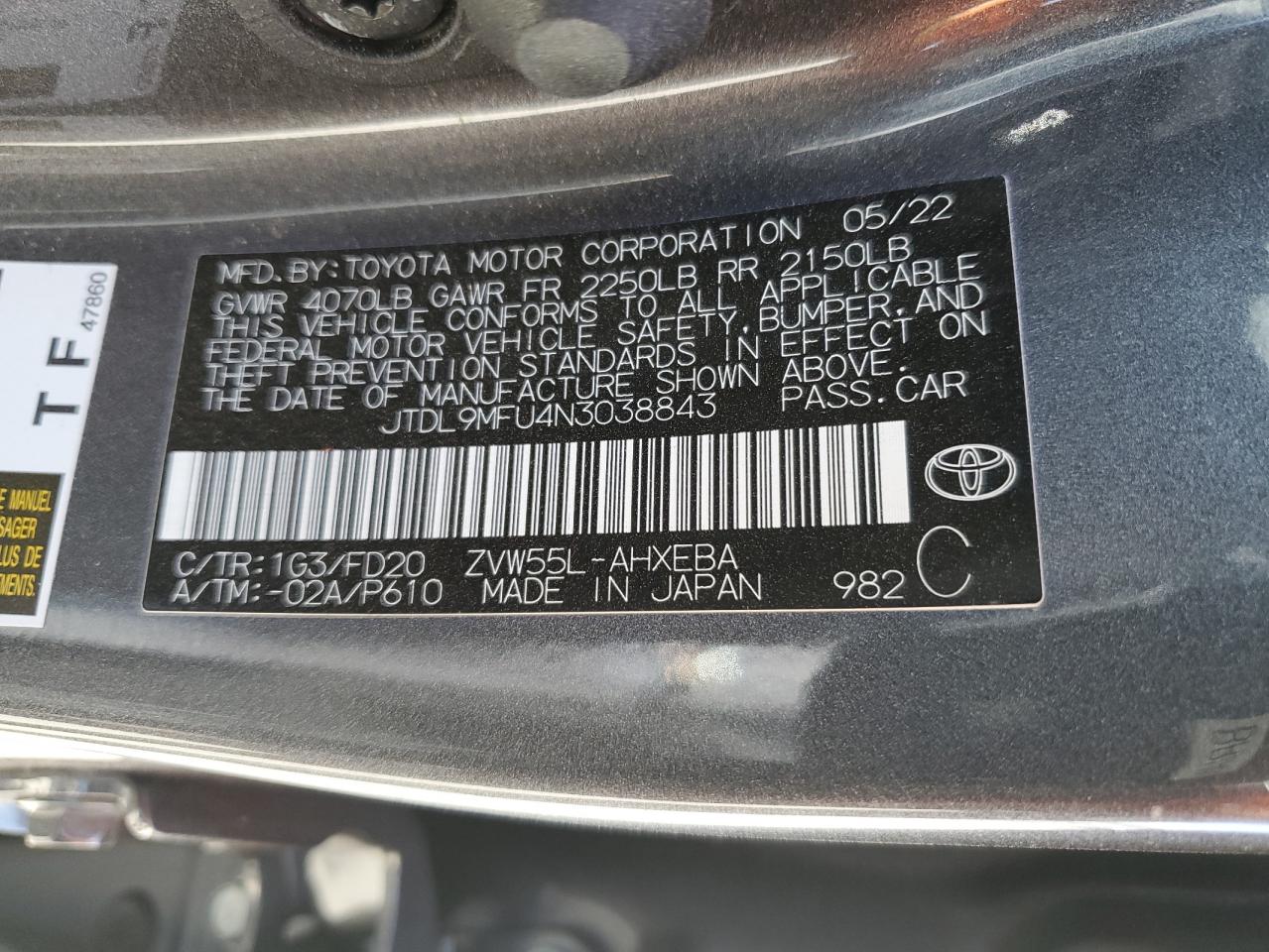 2022 Toyota Prius Le VIN: JTDL9MFU4N3038843 Lot: 76831584