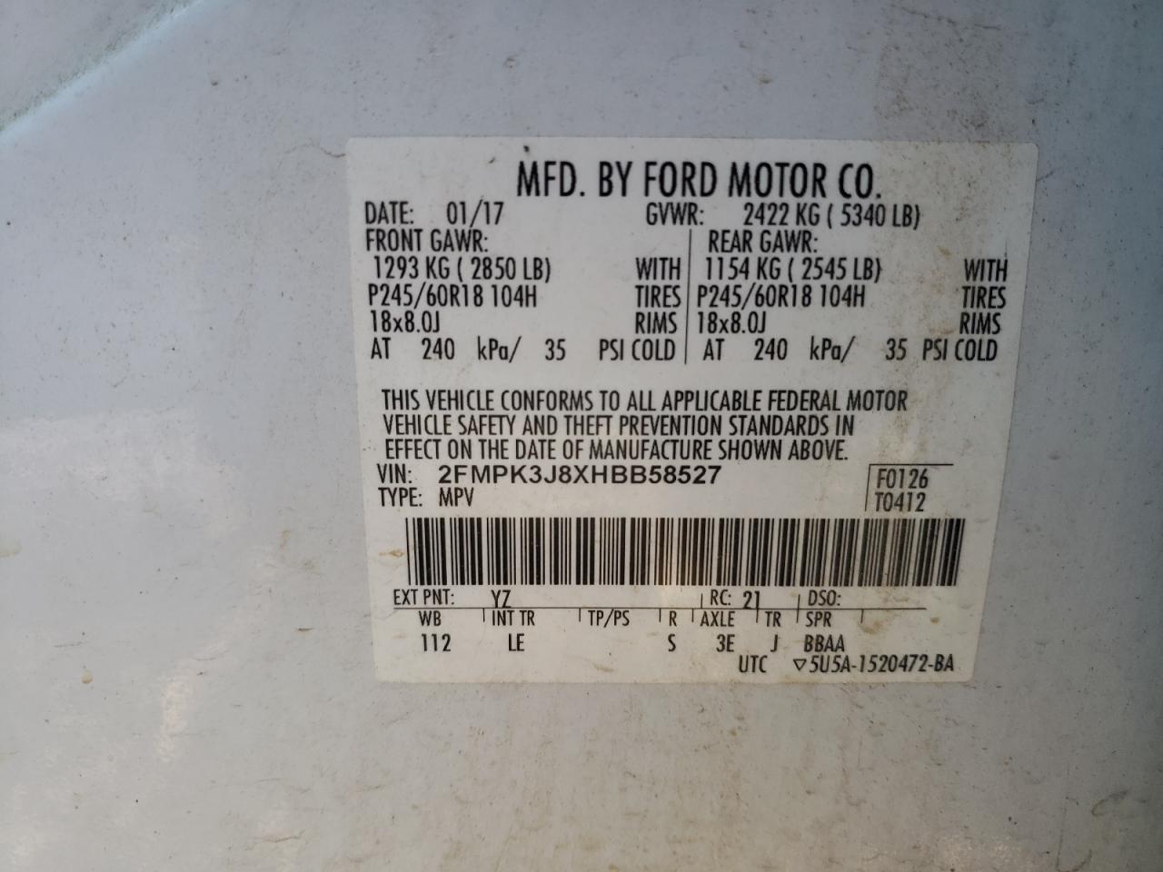 2017 Ford Edge Sel VIN: 2FMPK3J8XHBB58527 Lot: 76338884