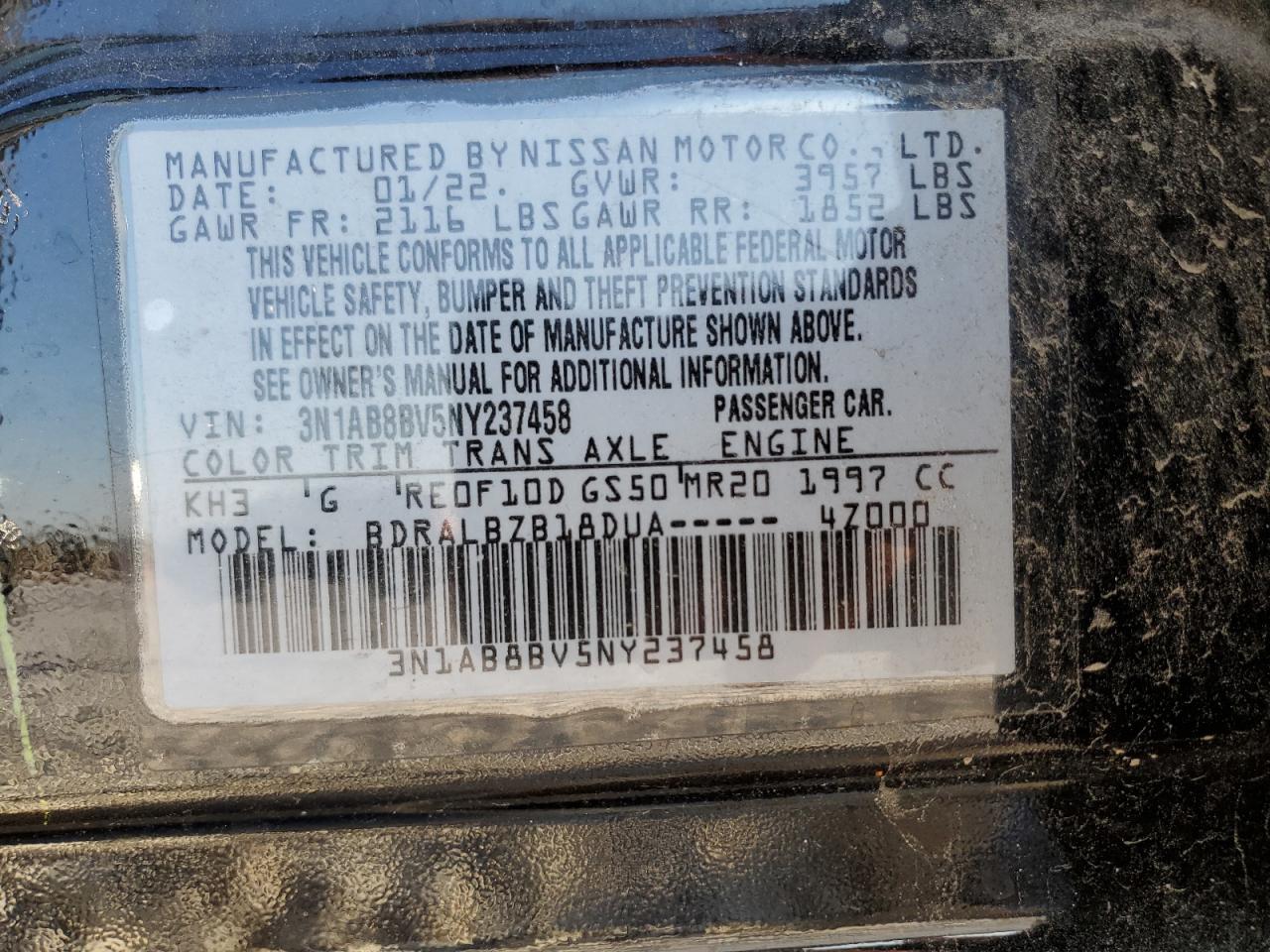 3N1AB8BV5NY237458 2022 Nissan Sentra S