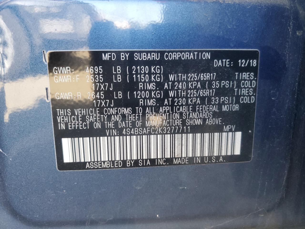 4S4BSAFC2K3277711 2019 Subaru Outback 2.5I Premium