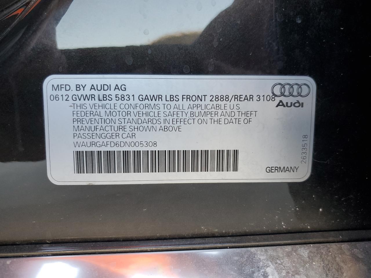 2013 Audi A8 L Quattro VIN: WAURGAFD6DN005308 Lot: 73742584