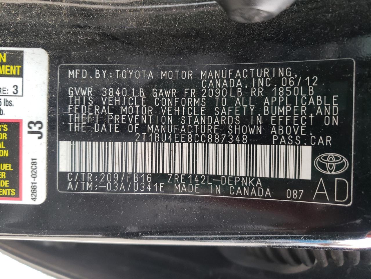 2T1BU4EE8CC887348 2012 Toyota Corolla Base