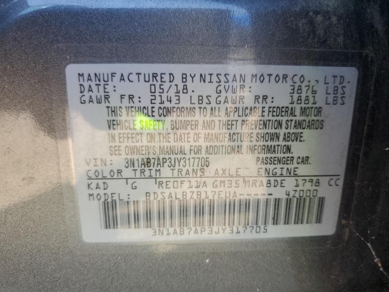 3N1AB7AP3JY317705 2018 Nissan Sentra S