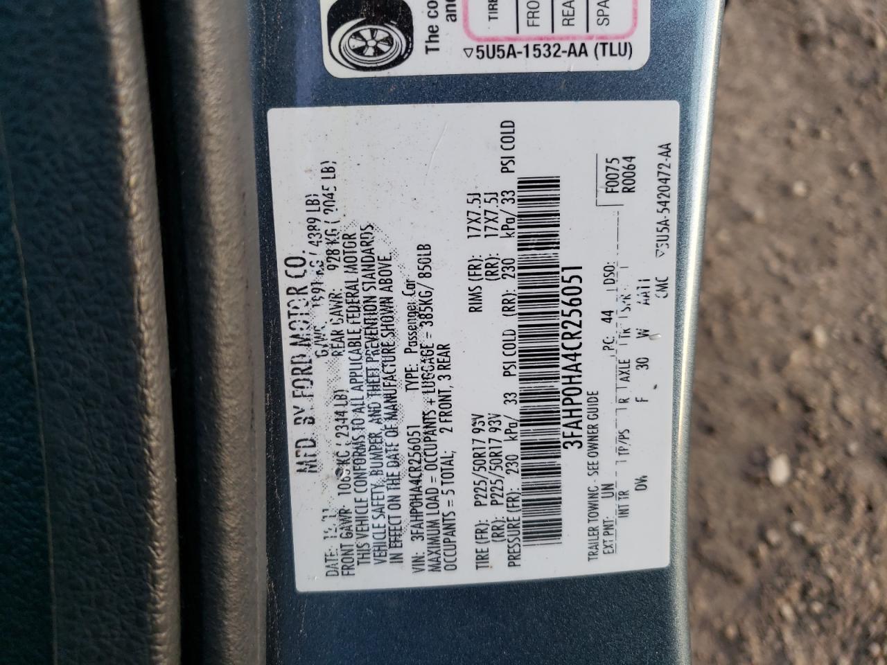 3FAHP0HA4CR256051 2012 Ford Fusion Se