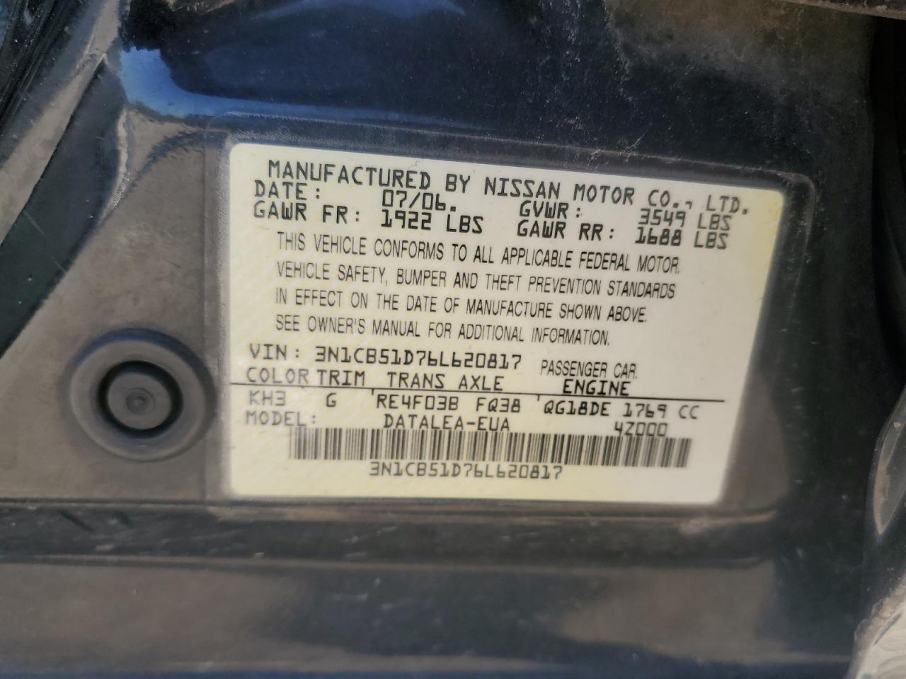 3N1CB51D76L620817 2006 Nissan Sentra 1.8