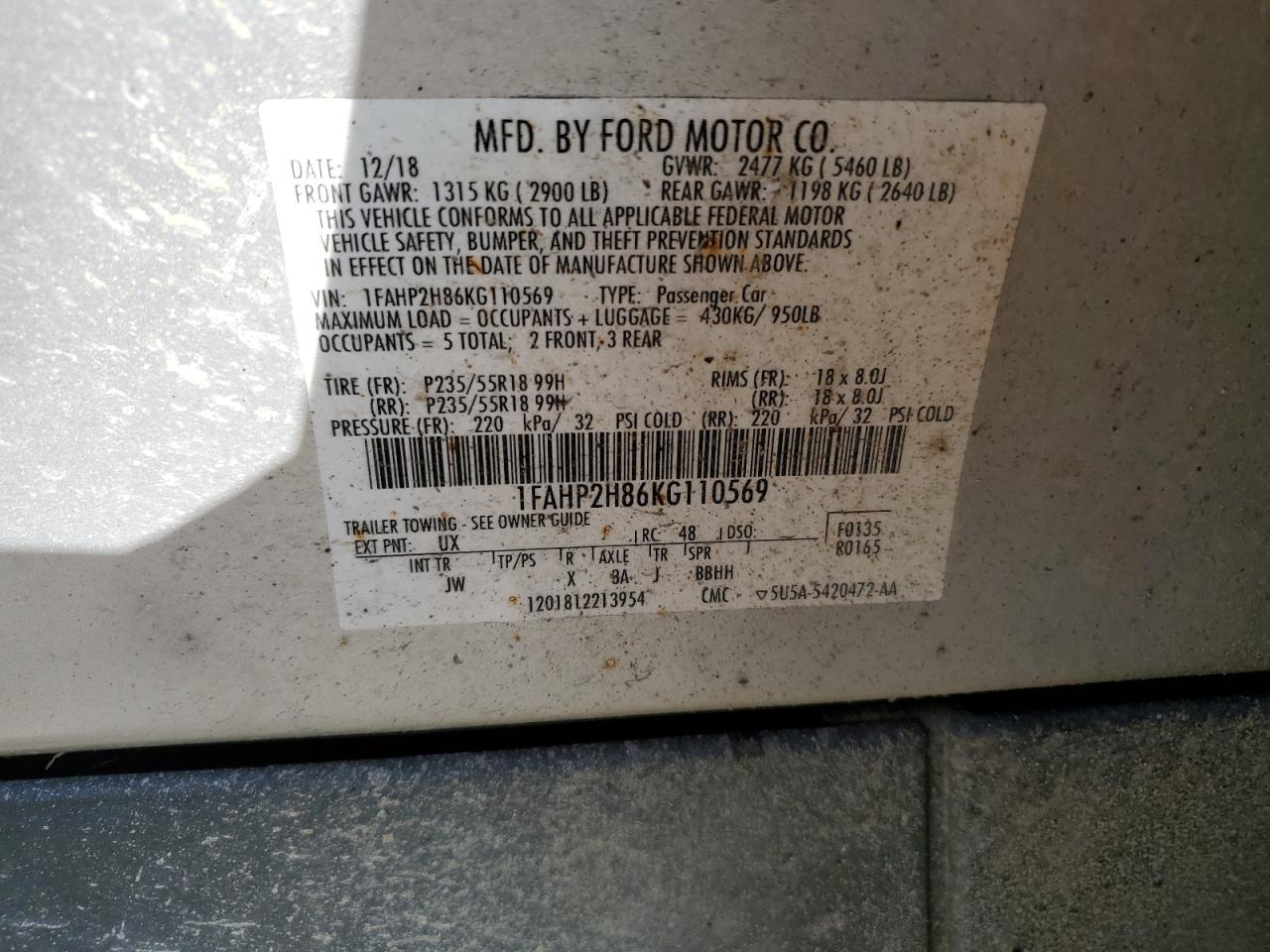 1FAHP2H86KG110569 2019 Ford Taurus Sel