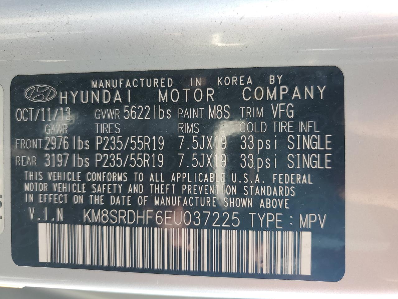 KM8SRDHF6EU037225 2014 Hyundai Santa Fe Gls