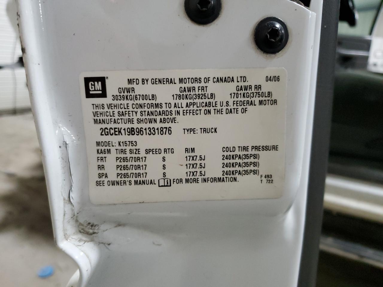 2006 Chevrolet Silverado K1500 VIN: 2GCEK19B961331876 Lot: 75175434